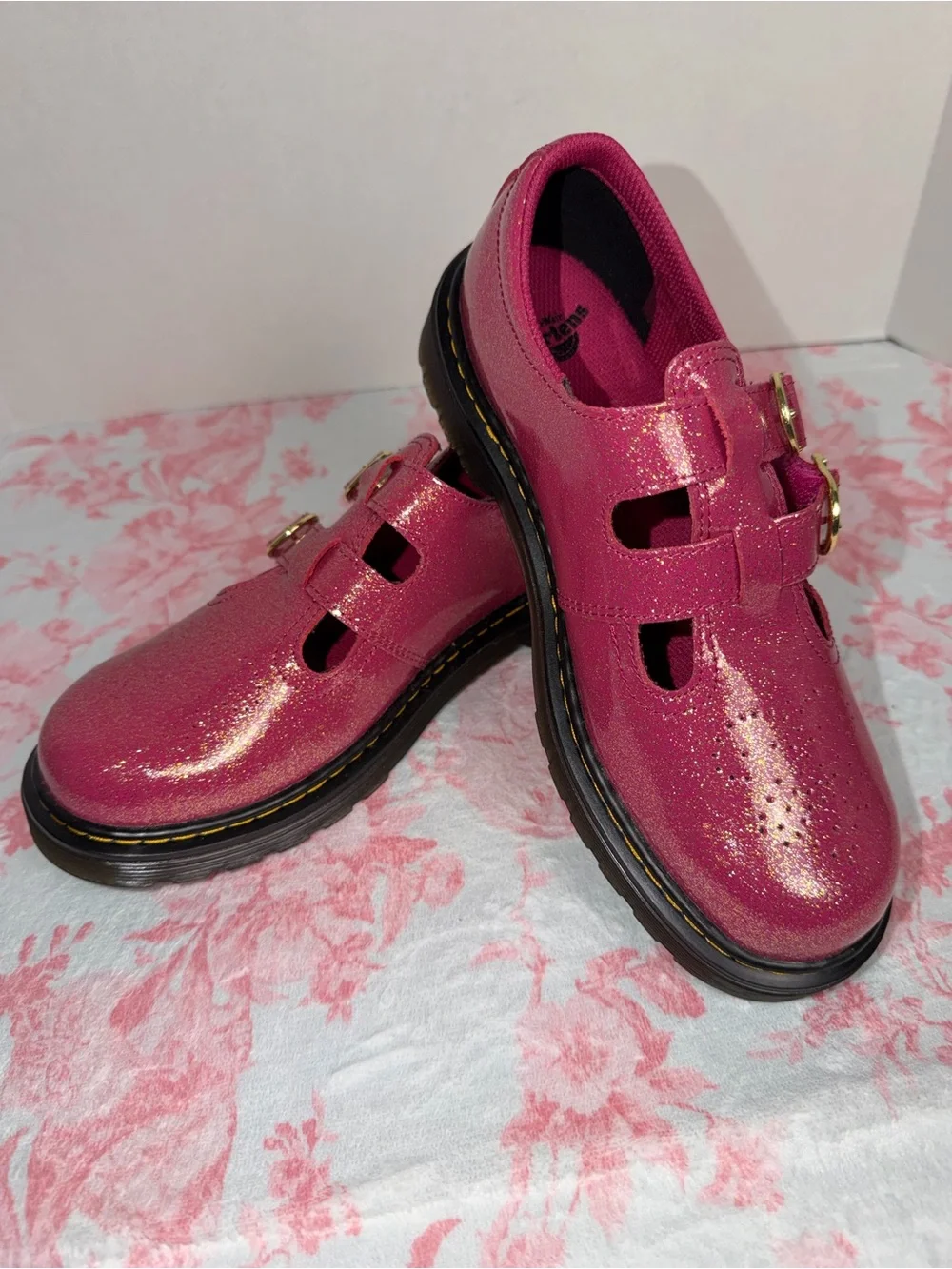 Dr. Martens Kids Glitter Mary Jane Shoes in Hot Pink